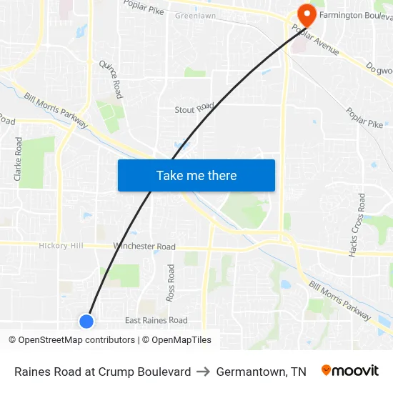Raines Road at Crump Boulevard to Germantown, TN map