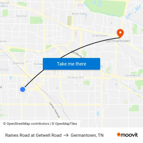 Raines Road at Getwell Road to Germantown, TN map