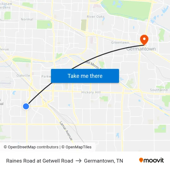 Raines Road at Getwell Road to Germantown, TN map