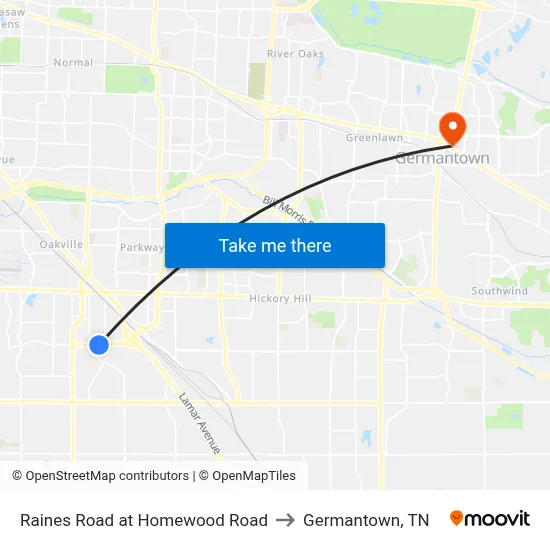 Raines Road at Homewood Road to Germantown, TN map