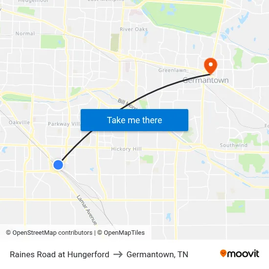 Raines Road at Hungerford to Germantown, TN map