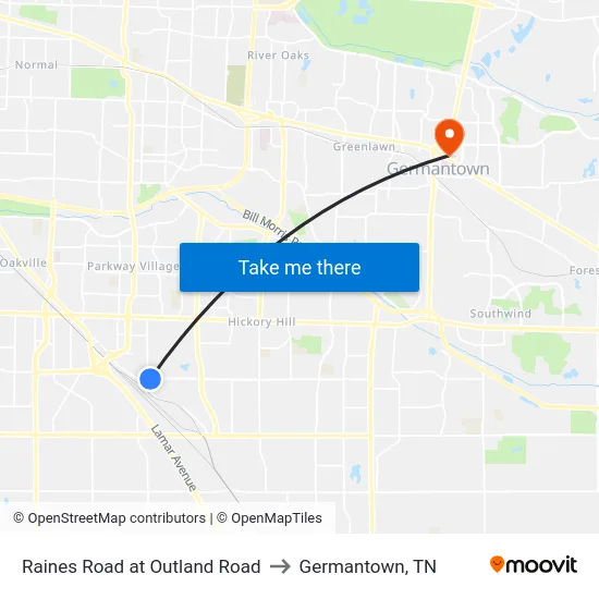 Raines Road at Outland Road to Germantown, TN map