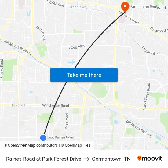 Raines Road at Park Forest Drive to Germantown, TN map