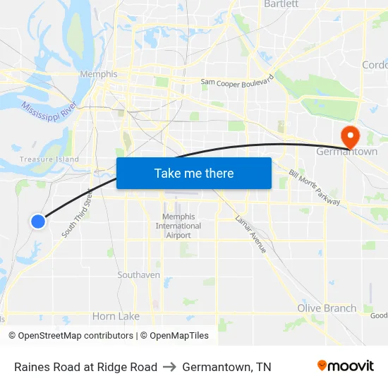 Raines Road at Ridge Road to Germantown, TN map