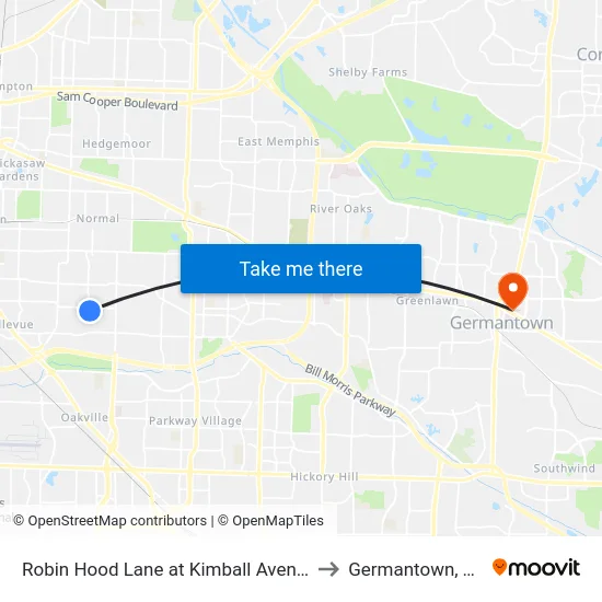 Robin Hood Lane at Kimball Avenue to Germantown, TN map