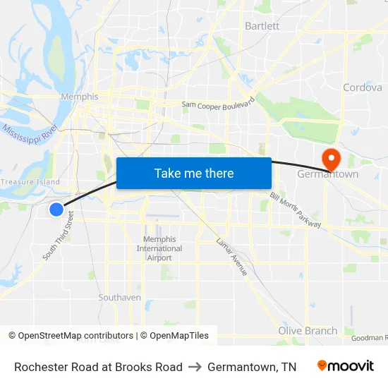 Rochester Road at Brooks Road to Germantown, TN map