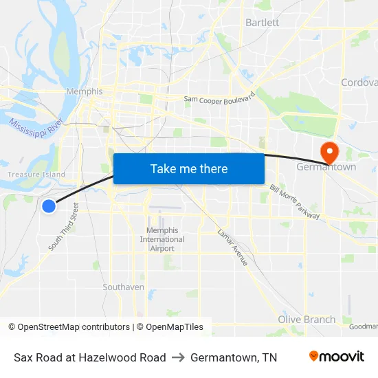 Sax Road at Hazelwood Road to Germantown, TN map