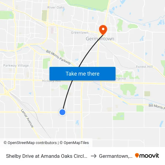Shelby Drive at Amanda Oaks Circle West to Germantown, TN map