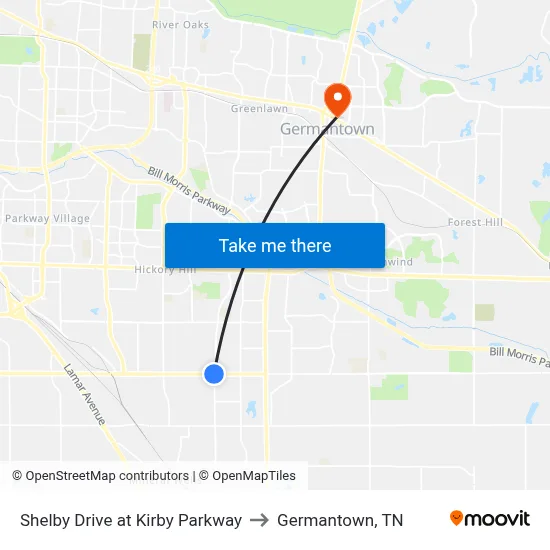 Shelby Drive at Kirby Parkway to Germantown, TN map