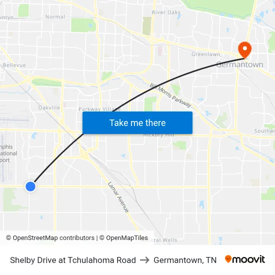 Shelby Drive at Tchulahoma Road to Germantown, TN map