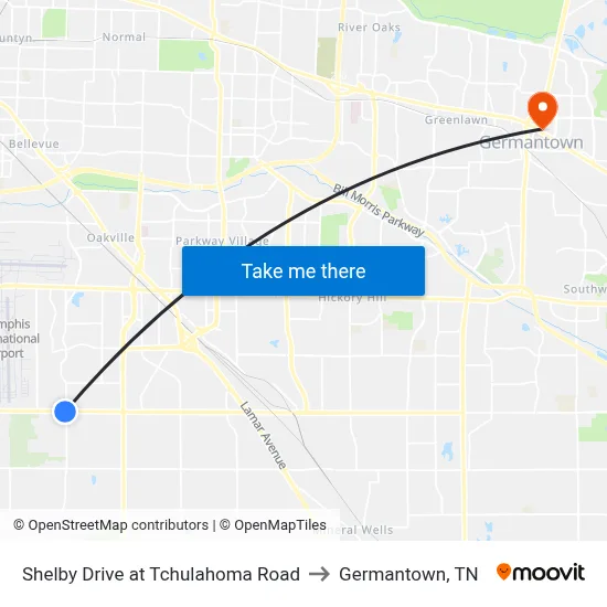 Shelby Drive at Tchulahoma Road to Germantown, TN map