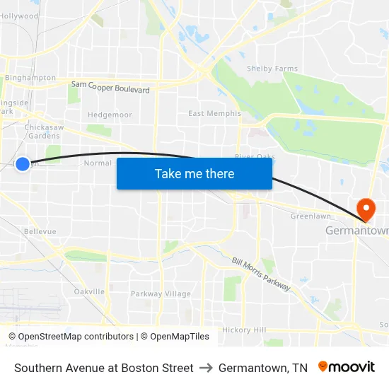 Southern Avenue at Boston Street to Germantown, TN map