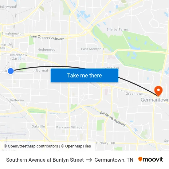 Southern Avenue at Buntyn Street to Germantown, TN map