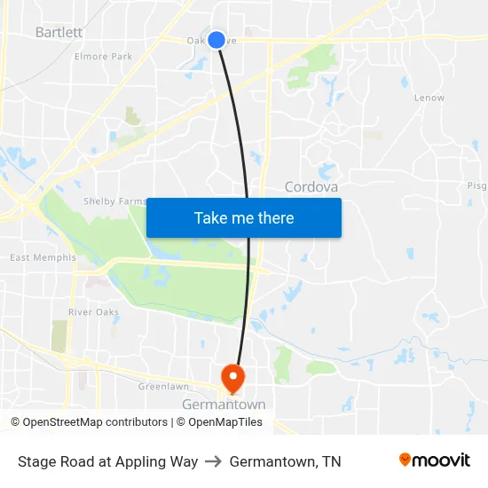 Stage Road at Appling Way to Germantown, TN map