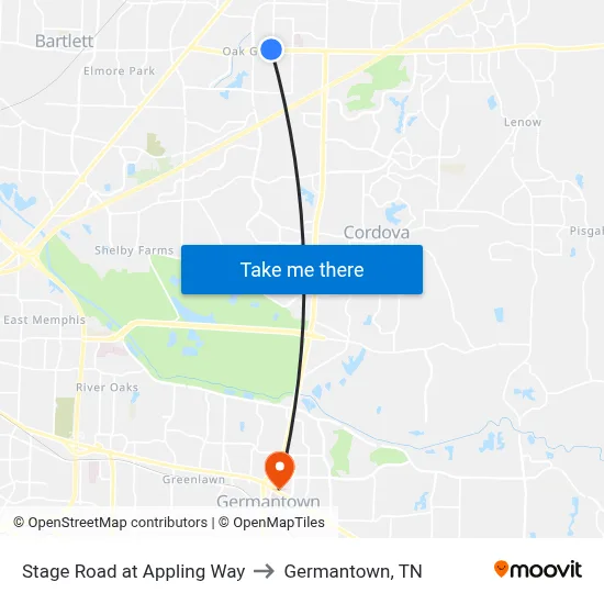 Stage Road at Appling Way to Germantown, TN map
