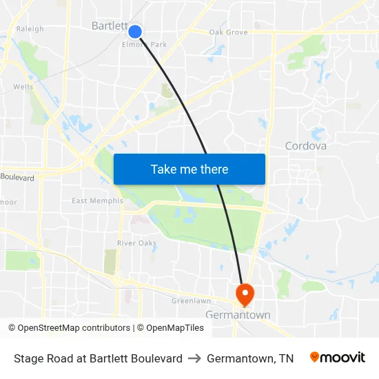 Stage Road at Bartlett Boulevard to Germantown, TN map