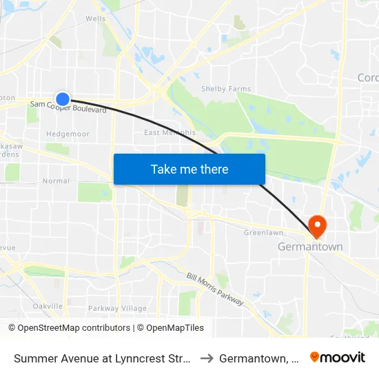 Summer Avenue at Lynncrest Street to Germantown, TN map
