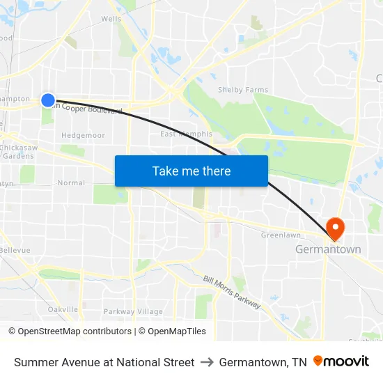 Summer Avenue at National Street to Germantown, TN map