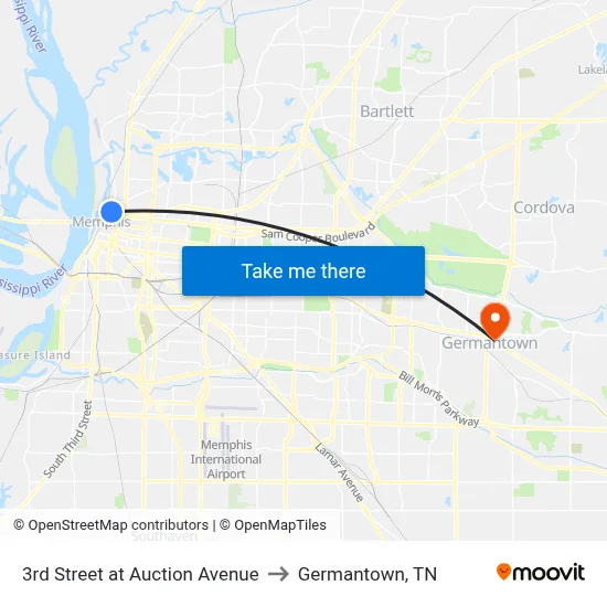 3rd Street at Auction Avenue to Germantown, TN map