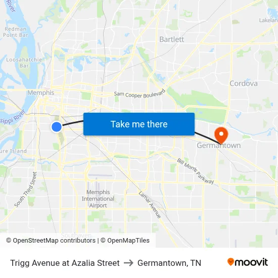 Trigg Avenue at Azalia Street to Germantown, TN map