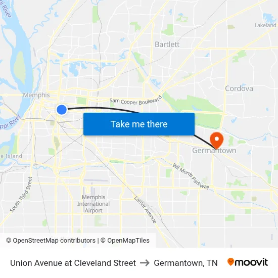 Union Avenue at Cleveland Street to Germantown, TN map