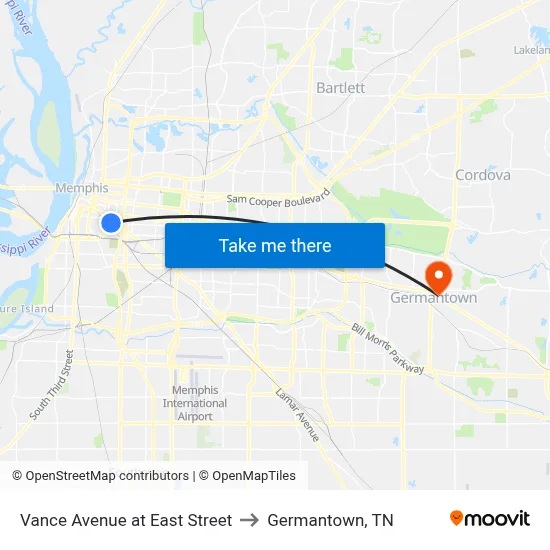 Vance Avenue at East Street to Germantown, TN map