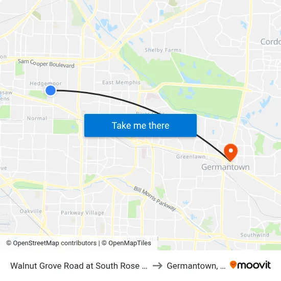 Walnut Grove Road at South Rose Road to Germantown, TN map