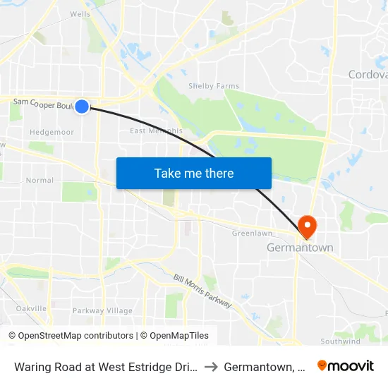 Waring Road at West Estridge Drive to Germantown, TN map