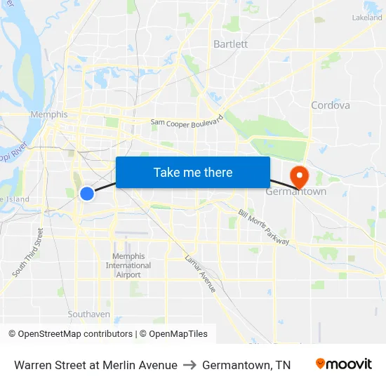 Warren Street at Merlin Avenue to Germantown, TN map