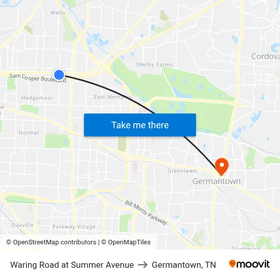 Waring Road at Summer Avenue to Germantown, TN map