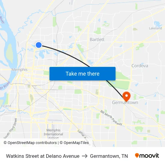 Watkins Street at Delano Avenue to Germantown, TN map