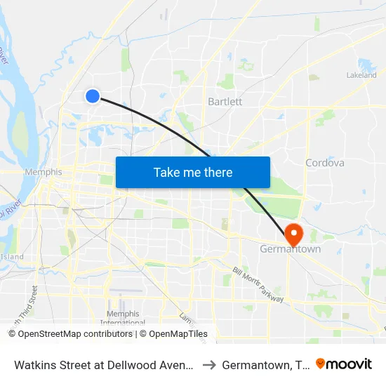 Watkins Street at Dellwood Avenue to Germantown, TN map