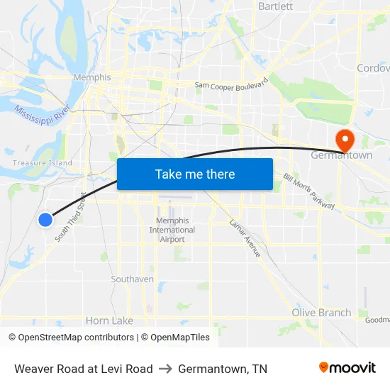 Weaver Road at Levi Road to Germantown, TN map