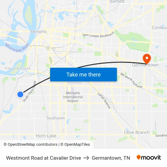 Westmont Road at Cavalier Drive to Germantown, TN map