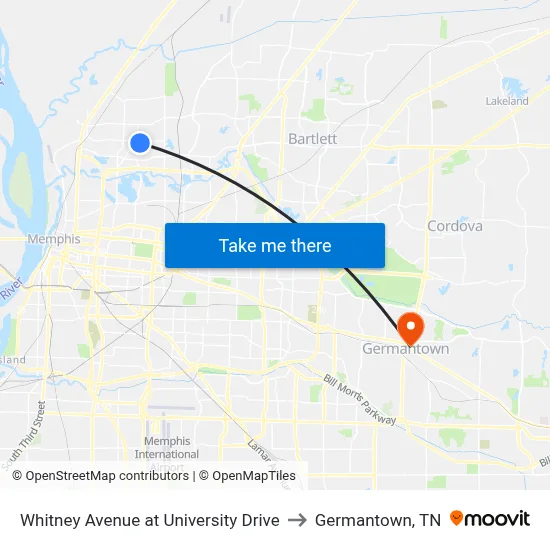 Whitney Avenue at University Drive to Germantown, TN map