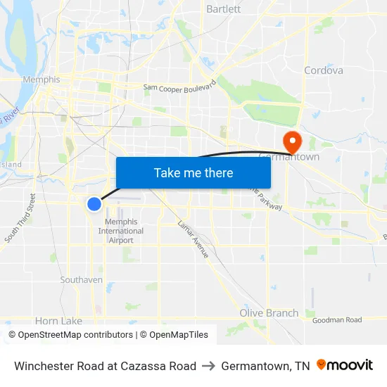 Winchester Road at Cazassa Road to Germantown, TN map