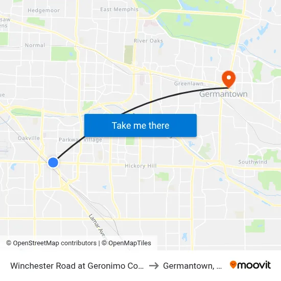 Winchester Road at Geronimo Court to Germantown, TN map