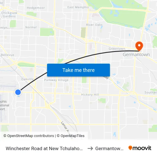 Winchester Road at New Tchulahoma Road to Germantown, TN map