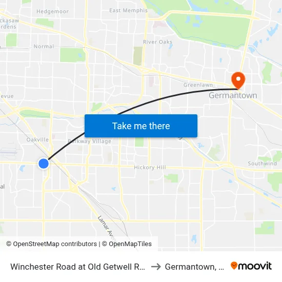 Winchester Road at Old Getwell Road to Germantown, TN map