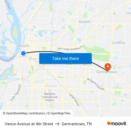 Vance Avenue at 4th Street to Germantown, TN map