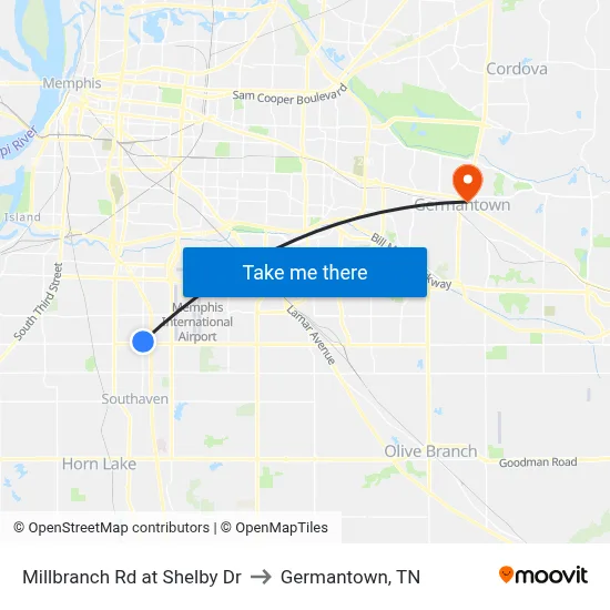 Millbranch Rd at Shelby Dr to Germantown, TN map