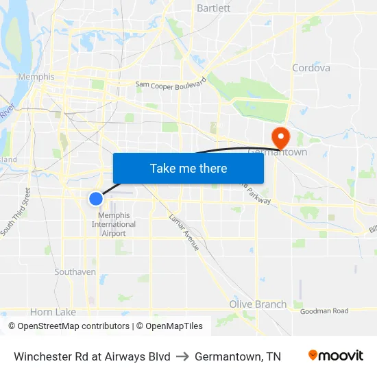 Winchester Rd at Airways Blvd to Germantown, TN map