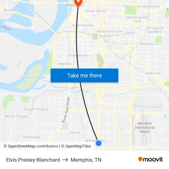 Elvis Presley-Blanchard to Memphis, TN map