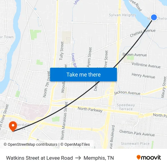 Watkins Street at Levee Road to Memphis, TN map