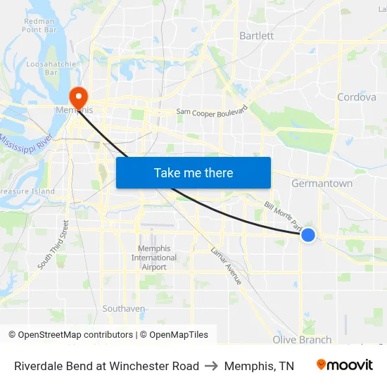 Riverdale Bend at Winchester Road to Memphis, TN map