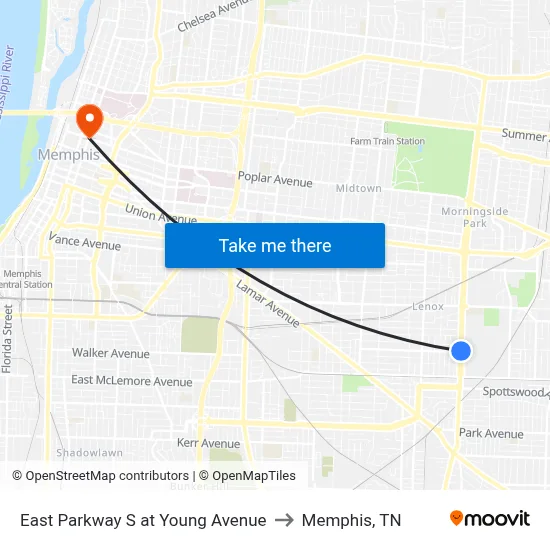 East Parkway S at Young Avenue to Memphis, TN map