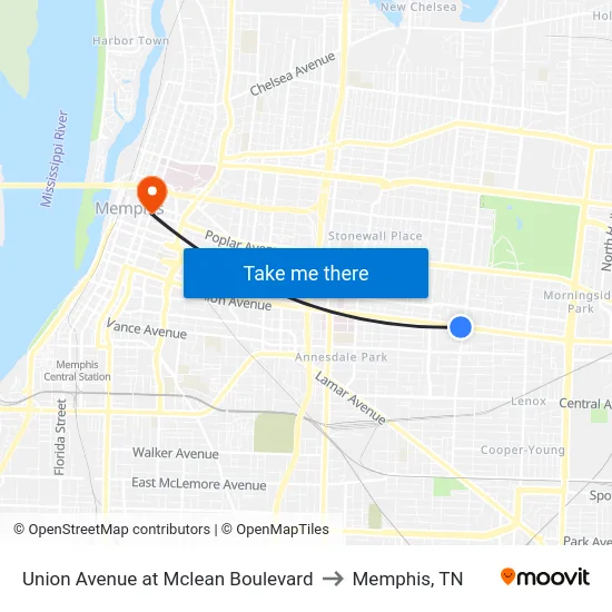 Union Avenue at Mclean Boulevard to Memphis, TN map