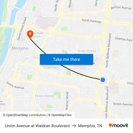 Union Avenue at Waldran Boulevard to Memphis, TN map