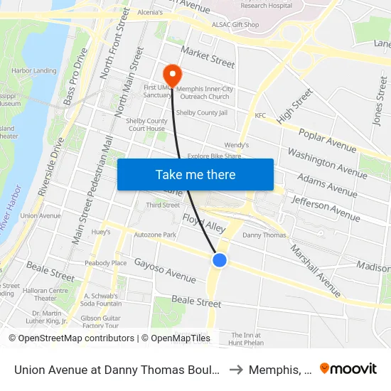 Union Avenue at Danny Thomas Boulevard to Memphis, TN map