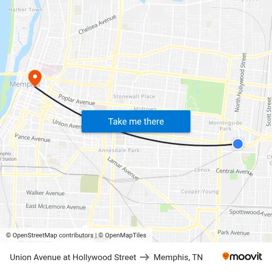 Union Avenue at Hollywood Street to Memphis, TN map